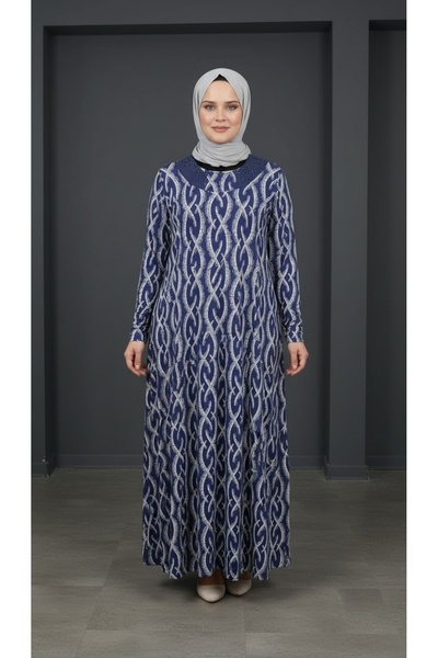 MODAVİTA Lacivert Penye Simli Desenli Kumaş Anne Elbisesi - E103