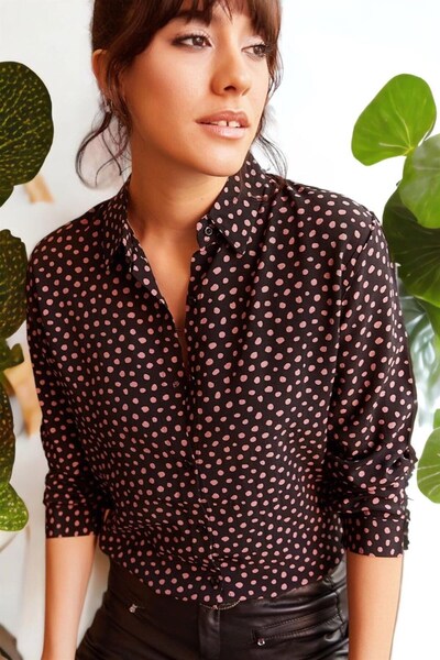 Moda4x4 Women's Clothing Black Classic Collar Polka Dot Detailed Long Sleeve ...