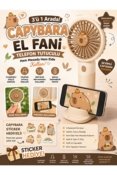 kruxon Capybara Mini El Fanı Telefon Tutuculu | 3 Kademeli Şarjlı | Masa Stan...