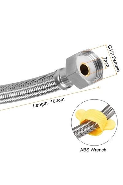 Sanlux Set de 2 furtunuri de conectare pentru robinete, Axroad Mall, G1/2 mamă la G1/2 mamă, 100 cm, Cu cheie fluture pentru montare, Rezistent la coroziune, Rezistent la întindere, Oțel inoxidabil 304, Argintiu/galben
