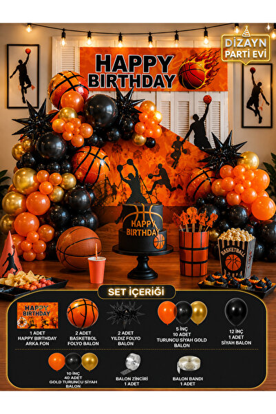 Dizayn Parti Evi Basketbol Temalı Doğum Günü Parti Süsleme Seti Happy Birthda...