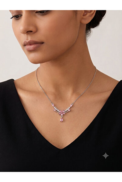 BİJU YILMAZ Elegance Flower Steel Necklace with Silver and Pink Stones