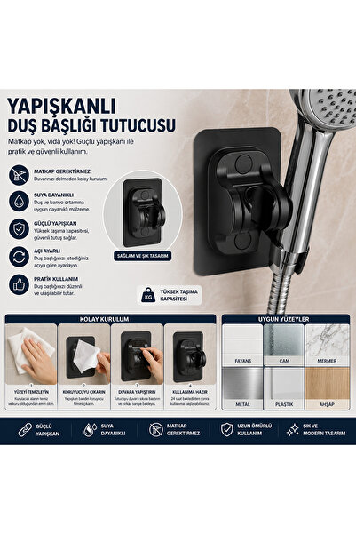 FTA TİCARET Yapışkanlı Ayarlanabilir Duş Başlığı Tutucu | Matkap Gerektirmeye...
