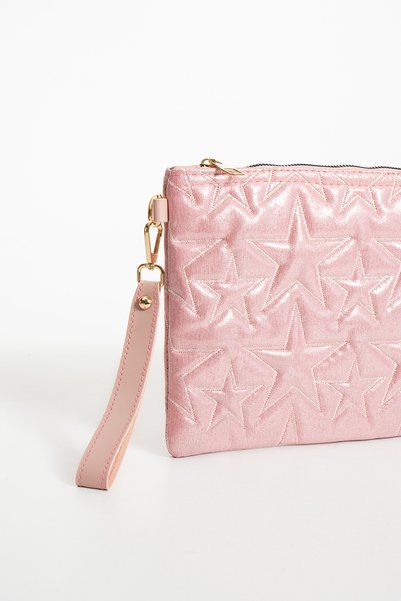 LUNABLU Star Embroidered Portfolio Handbag with Chain and Wrist Strap, Satin Lined Clutch Bag