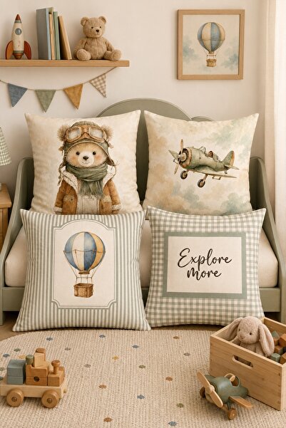 EVPANYA Traveler Pilot Teddy Bear Patterned 4-Piece Children's and Baby Pillo...