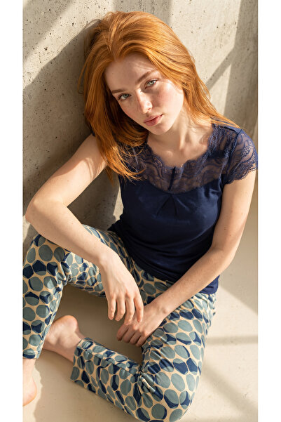 Arzey Navy Blue Lace Collar Detailed Viscose Short Sleeve Pajama Set