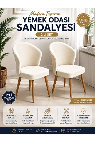 Karlı Home 2 Li Krem Babyface Yönsüz Kumaş Ceviz Ahşap Ayaklı Modern Yemek Od...
