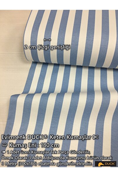 Renk Tekstil Mavi Çizgi Desenli Duck Keten Metrelik Kumaş - (2 cm Çizgi Geniş...