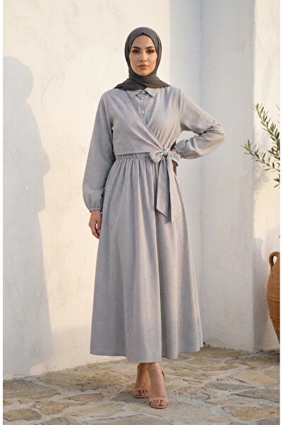 sefamerve Side Tie Striped Buttoned Hijab Dress 0349-01 Black