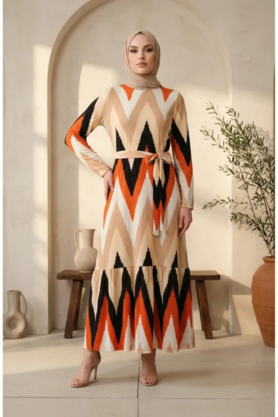 sefamerve Bürümcük Fabric Zigzag Patterned Hijab Dress 0580A-04 Orange Black