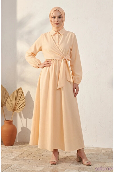 sefamerve Side Tie Striped Buttoned Hijab Dress 0349-04 Yellow