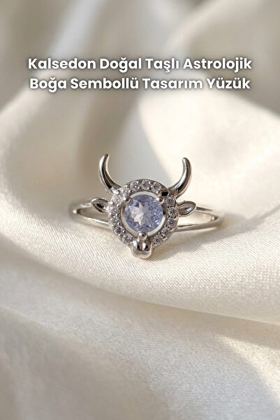 Elifsu Jewelry Astrological Taurus Symbol Design Ring with Chalcedony Natural...