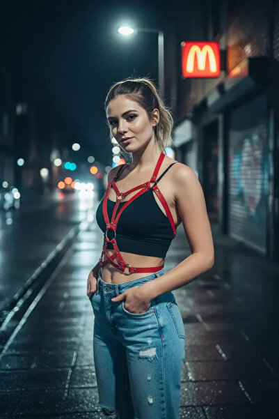 Angels Passion حزام جلدي أحمر للجسم مع تفاصيل حلقاتية