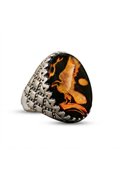 Generic 925 Sterling Silver Men's Natural Amber Hafr Almas Ring 9.5x20.5mm Ov...
