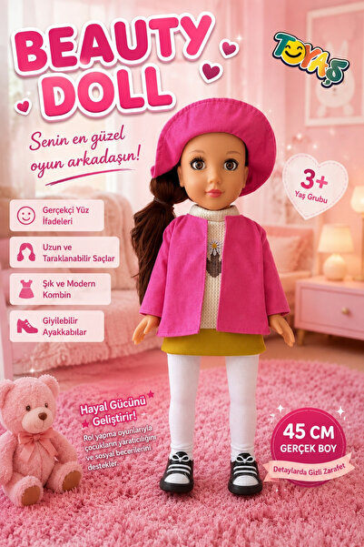 Toyaş Beauty Doll 45 cm Gerçekçi Et Bebek Uzun Saçlı Hareketli Kollu ve Bacak...