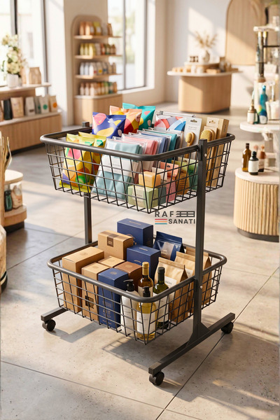 Raf Sanatı 60x60 cm Çift Katlı Tekerlekli Tel Havuz Sepet – Market Mağaza Pro...