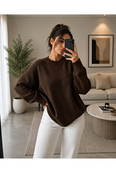 threeoff Women's Oversize Crew Neck Knitwear Sweater Soft Textured Comfortabl...