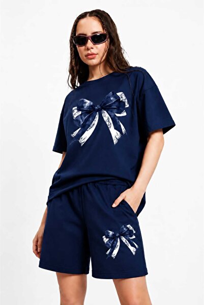 ZAVIXO Women's Bow Printed Shorts Set with Oversized Short Sleeve T-Shirt and...