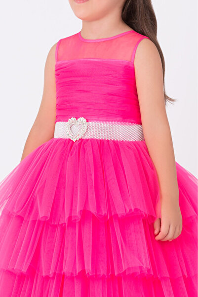 Pamina Girl's Evening Dress Layered Ruffle Tulle Long Princess Dress with Stone Buckle - Birthday, Party, Wedding, Graduation (3, 4, 5, 6, 7 Years) 35060Pr
