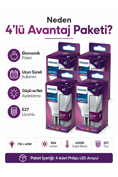 Philips LED Classic Buzlu Filament Ampul 7W 806 Lumen 6500K Beyaz Işık A60 E2...