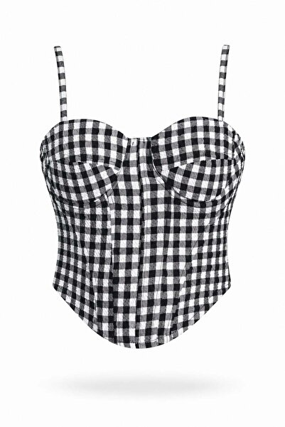 5in1Canpolat Black Plaid Patterned Bustier 40050