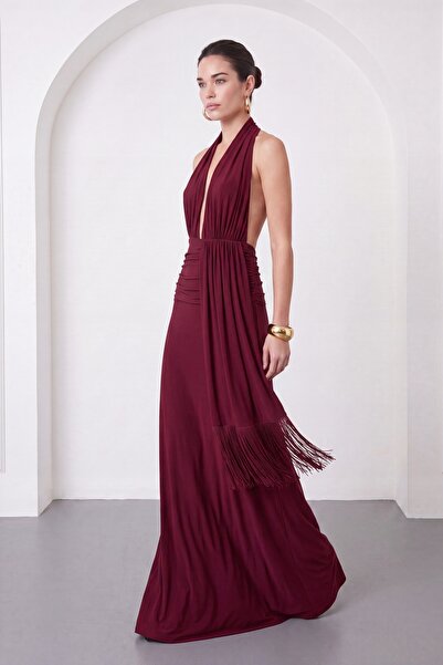 Lafaba Women's Burgundy Backless Tassel Detail Long Formal Dress