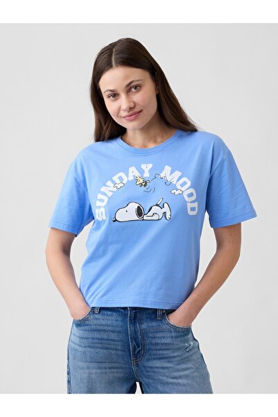 GAP Kadın Açık Mavi Peanuts Oversized Grafik Baskılı T-Shirt