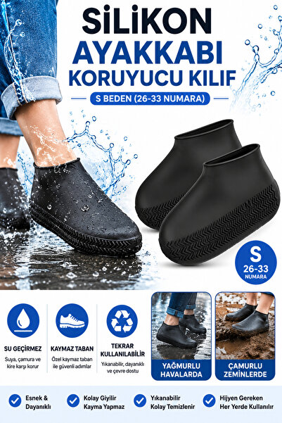 Hane Dostu Siyah Silikon Yağmur Koruyucu Ayakkabı Kılıfı Kaymaz Su Geçirmez T...