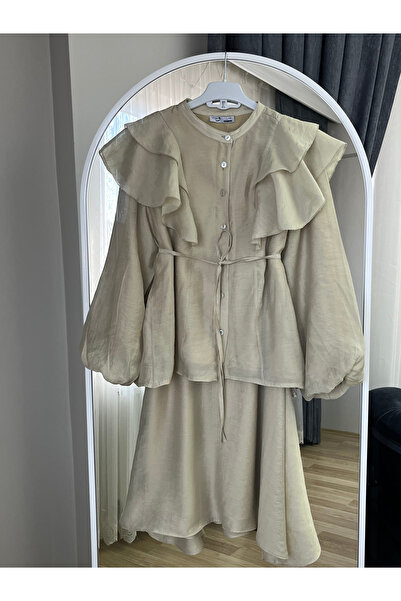 Nirva Butik Mint Yeşili Volan Detaylı Kuşaklı Etekli İkili Takım