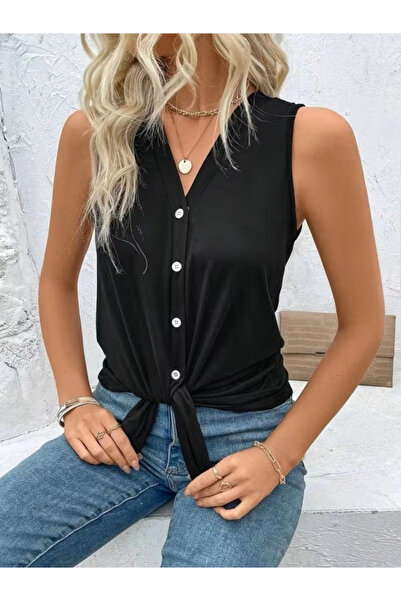 Beruflic Women's Strappy V-Neck Viscose Blouse with Front Button and Tie Detail