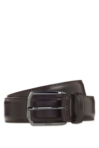 BOSS Men's Silver-Tone Metal Buckle Genuine Leather Brown Belt with Logo Detail