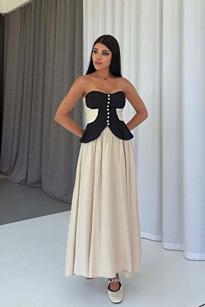 Mine Tan Butik Elastic Waist Lined Women's Skirt - Beige