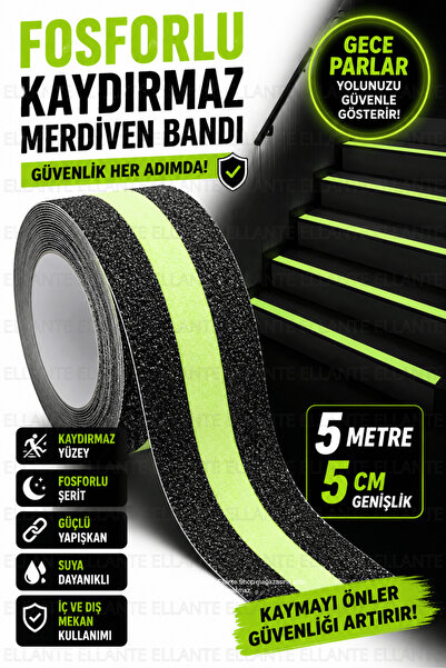 ellante Fosforlu Kaydırmaz Merdiven Bandı 5 Metre 5 CM Kendinden Yapışkanlı K...