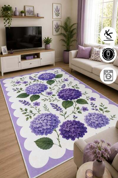 Pelura Halı Floral Mor Ortanca Desen Baskılı Kaymaz Yıkanabilir Salon Oturma ...
