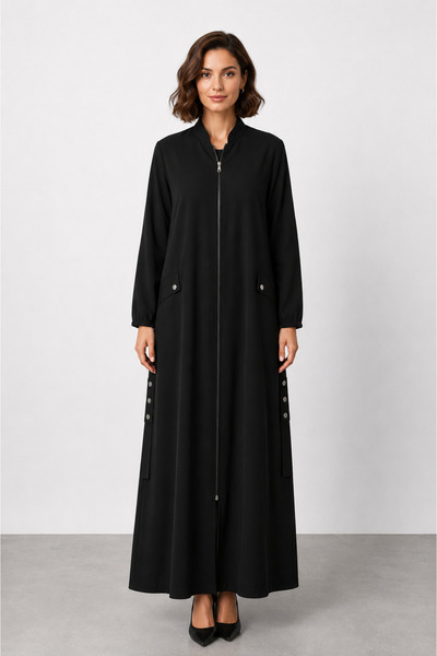 bihan store قبعة نسائية طويلة بأكمام مطاطية وتفاصيل أزرار Y26-2160 - أسود