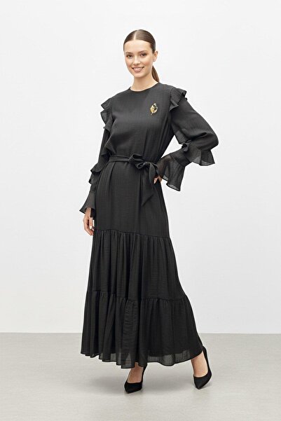 Puane Women's Ruffle Sleeve Belted Layered Long Dress 12673
