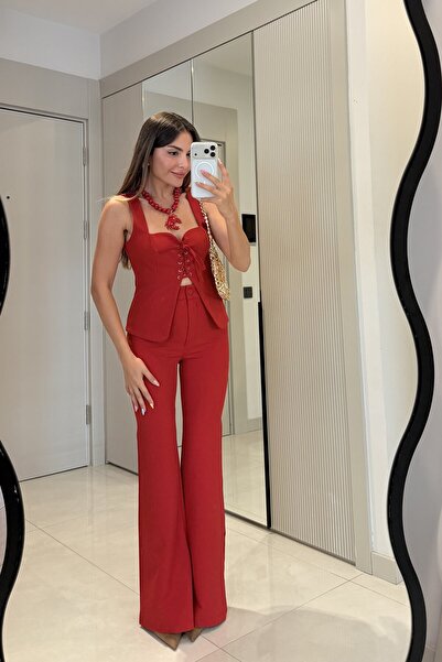Gizem Ecemiş Jackson Kırmızı Kuşgözü Detaylı Premium Takım
