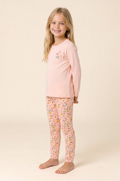 BAYKAR Set pijamale pentru fete, din bumbac, cu decolteu rotund, cu imprimeu floral, cu mâneci lungi, 9278 roz
