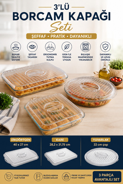 MAKRİ HOME 3-Piece Pyrex Lid Set (Rectangular-40 × 27 cm + Square-28.2 × 31.7...