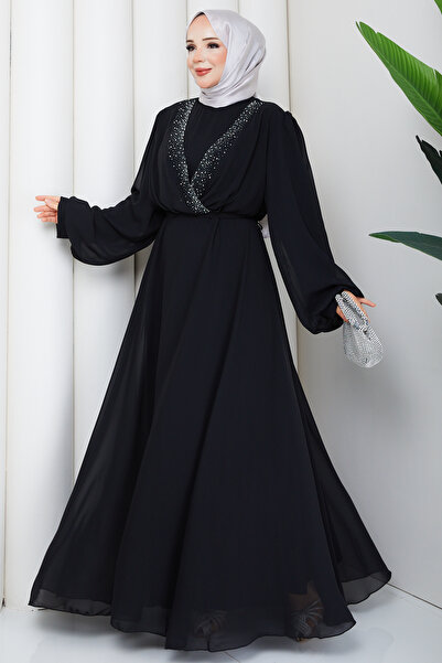 Pamuk Butik فستان سهرة نسائي من الشيفون بحزام وتفاصيل حجرية