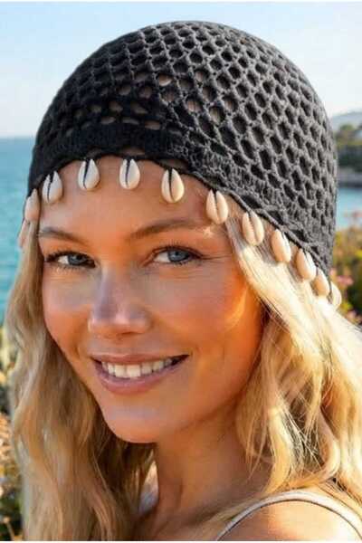 Mood Agenda Women's Seashell Knitted Bandana Beanie Mesh Textured Bohemian Be...