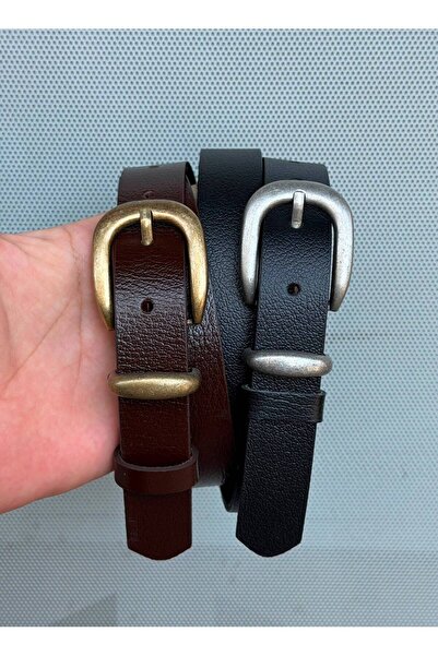 Kemerix 100% Genuine Leather Antique-Tin Plated Buckle Black-Brown 2-Piece Be...