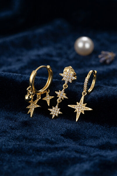 evimdeyokyok Polar Star Model Gold Color 3-Piece Earring Set Tj-Bkp11974