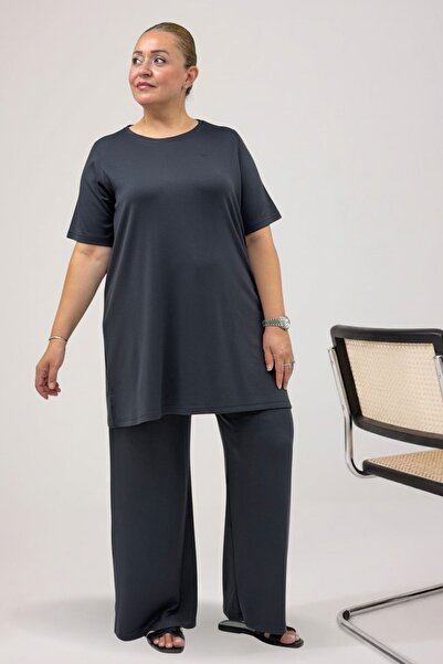 Eslina 67067 طقم تي شيرت وبنطلون مقاس كبير - أنثراسايت
