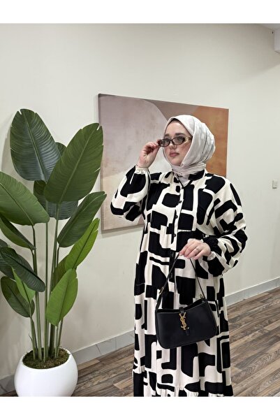 İLGEN FASHİON Pastel Desenli Viskon Yarım Patlı Salaş Kesim Tesettür Elbise