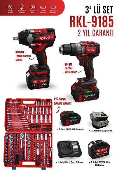 RETOOLS RKL-9185 3’lü Set 800NM Somun Sıkma - 90NM Vidalama ve Lokma Seti