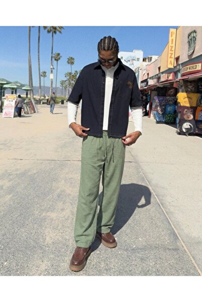 DAMGA JEANS بنطلون رجالي عالي الخصر من الكتان الأخضر المرن للاستخدام اليومي
