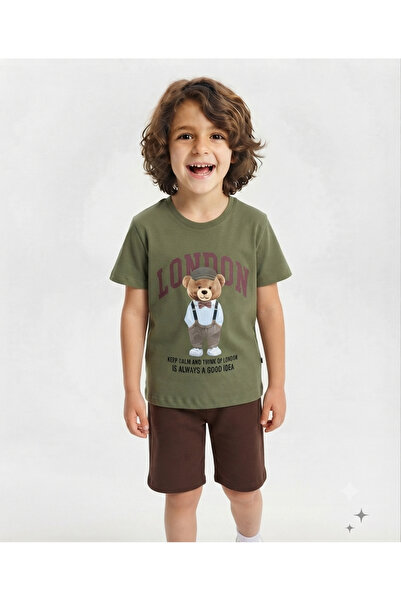 LİTTLE TORTOİSE طقم تي شيرت وشورت برقبة دائرية مطبوع عليه LONDON TEDDY BEAR ل...