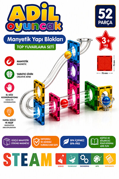 ADİL OYUNCAK Manyetik Yapı Blokları Ball Run – Çocuklar İçin Renkli 3 Boyutlu...