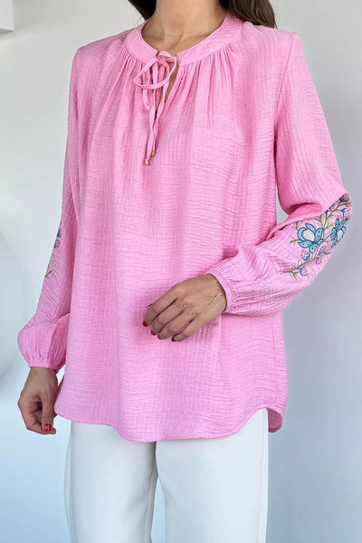 Aryena Pink Women's Blouse with Front Tie Detail and Embroidery